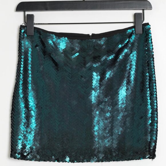 TEAL GREEN SEQUIN SKIRT IN CHEVRON PATTERN MANGO - Picture 1 of 4